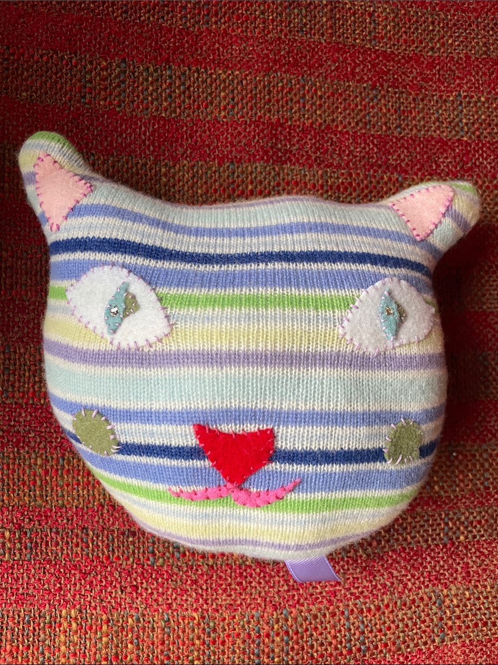 Handmade Striped Cat Head Pillow in Pastel Stripe Colors Cashmere Wool Swarovski